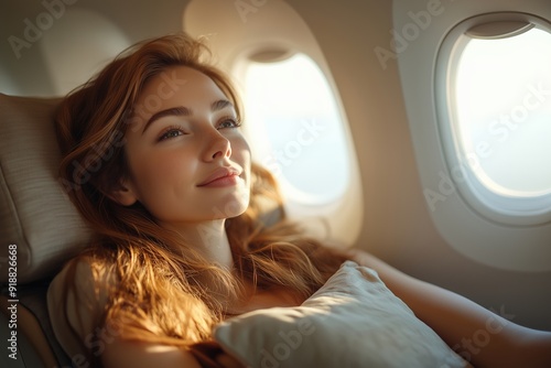 Passenger reclining with a soft pillow in a spacious airplane seat, enjoying the calm atmosphere, space for text, [ultimate relaxation], [comfortable air travel], Copy space for text, No logo, No