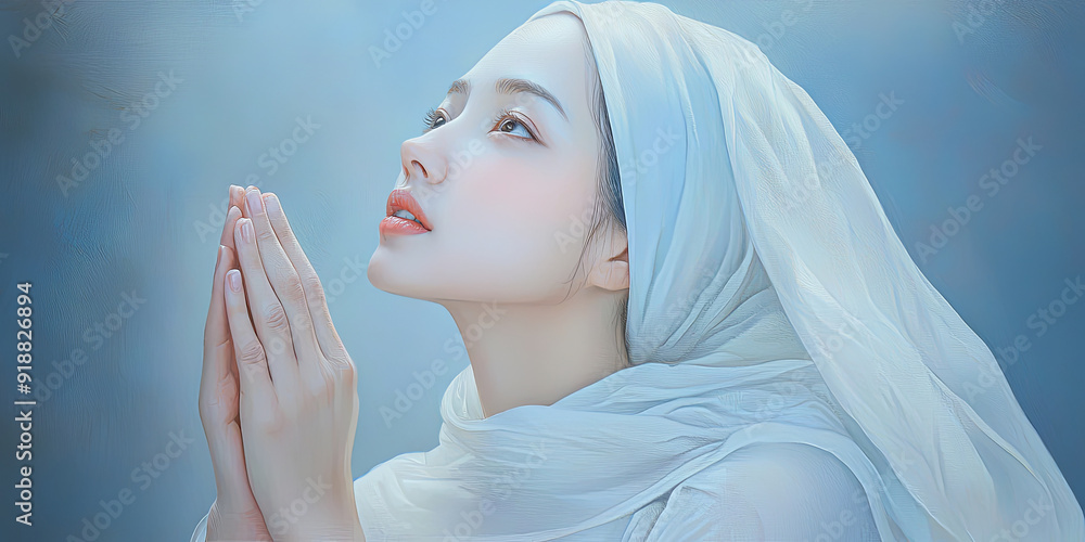 Fototapeta premium A beautiful young woman wearing a white headscarf and light blue dress, generative AI