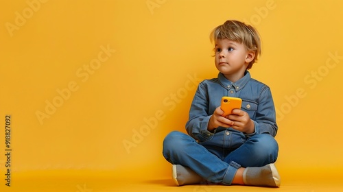 Horizontal photo of little handsome kid with blonde hair in casual clothes looking away while sitting with crossed legs on studio floor holding smartphone isolated over yellow backgrou : Generative AI photo