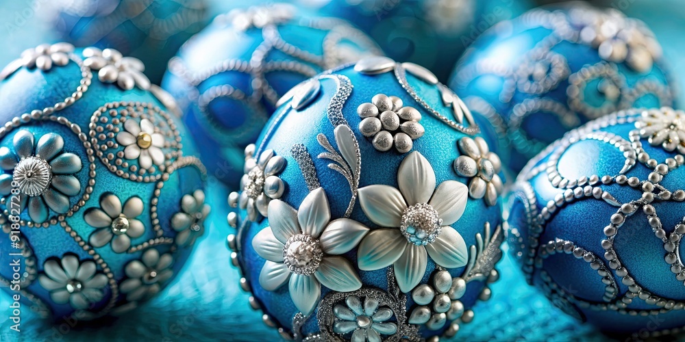 Close-up of exquisite blue eggs adorned with silver motifs, set against a standout one embellished with vibrant flowers, blue Close-up of exquisite blue eggs adorned with silver motifs, set against a standout one embellished with vibrant flowers, blue