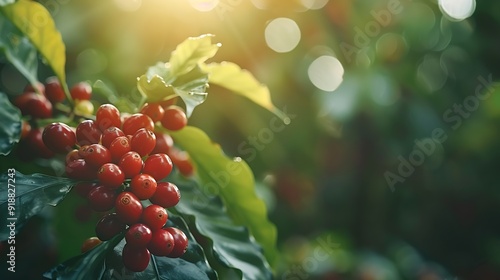 Closeup of coffee berries cherries grow in clusters along the branch of coffee tree growing under forest canopy shadegrown coffee plantation over blurred bokeh green leaves background : Generative AI photo