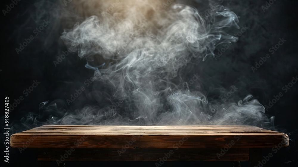 On a black background an empty wooden table with smoke floats up Empty space for displaying your products with a smoke float up on a dark background Space available for displaying your : Generative AI On a black background an empty wooden table with smoke floats up Empty space for displaying your products with a smoke float up on a dark background Space available for displaying your : Generative AI