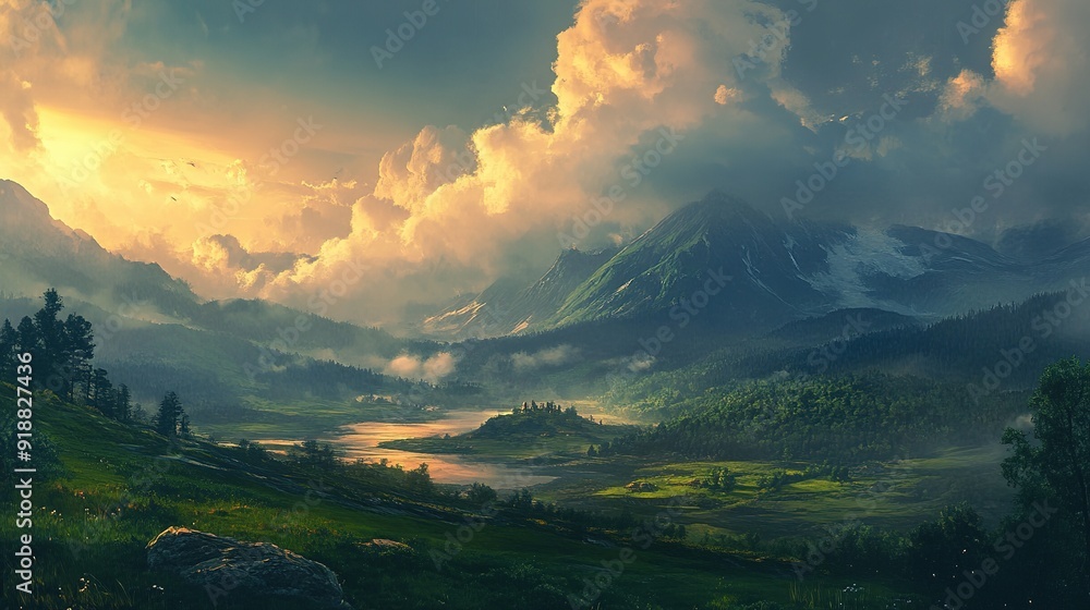 A Serene Mountain Valley at Sunset with a Winding River and a Small Village A Serene Mountain Valley at Sunset with a Winding River and a Small Village