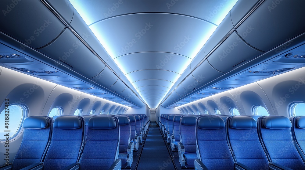 Fototapeta premium Passenger boarding through a dedicated lane with spacious seating and organized storage, space for text, [comfortable boarding experience], [convenient air travel], Copy space for text, No logo, No