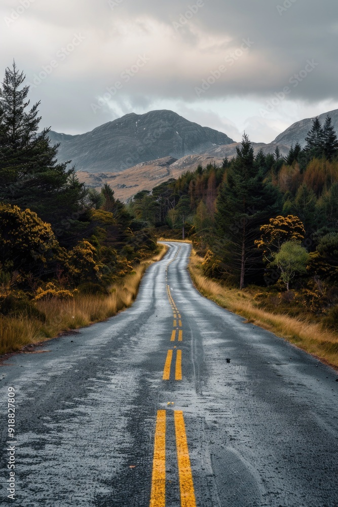 A scenic view of a winding road leading to a majestic mountain in the distance, ideal for use as a backdrop or travel imagery A scenic view of a winding road leading to a majestic mountain in the distance, ideal for use as a backdrop or travel imagery