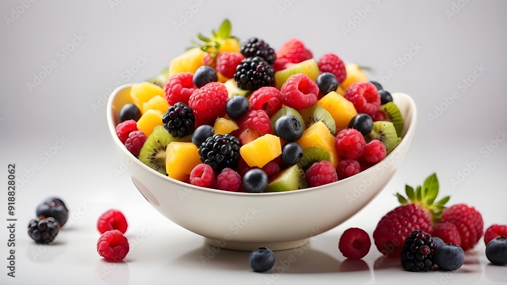 Isolated on a white backdrop, a bundle of two fruit salad bowls filled with mixed berries and fruits Isolated on a white backdrop, a bundle of two fruit salad bowls filled with mixed berries and fruits