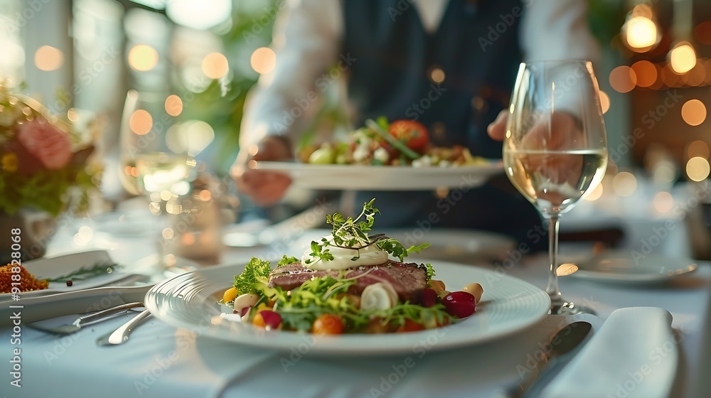Fine dining food and waiter serving at a restaurant for a luxury valentines day or anniversary meal Formal hospitality service and server with a plate or dish for a fancy special dinne : Generative AI Fine dining food and waiter serving at a restaurant for a luxury valentines day or anniversary meal Formal hospitality service and server with a plate or dish for a fancy special dinne : Generative AI