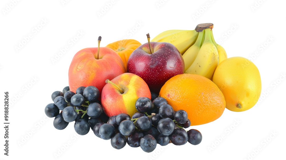 Selection of fresh fruits including apples, bananas, and grapes, arranged in a neat pile Selection of fresh fruits including apples, bananas, and grapes, arranged in a neat pile