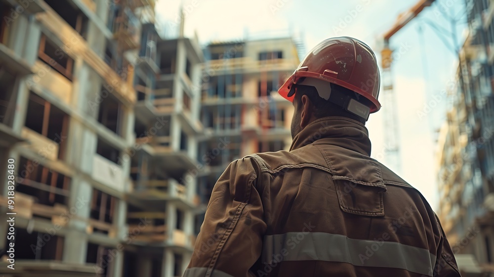 Man checking work process on construction site working : Generative AI Man checking work process on construction site working : Generative AI
