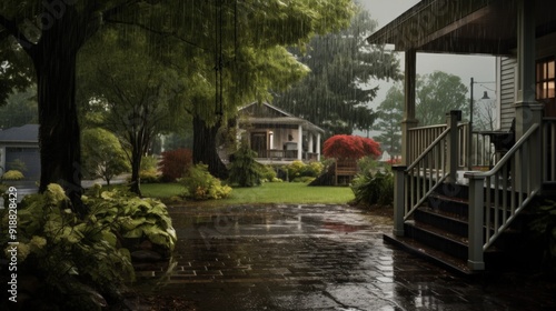 A view from a porch with a stone walkway leading to a house in the distance. Rain is falling and the yard is lush and green.