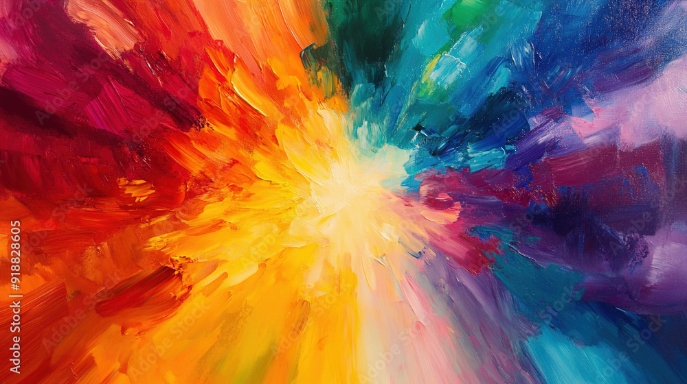 A vibrant abstract painting featuring a dynamic explosion of colors, blending seamlessly from warm reds, oranges, and yellows on the left side to cool blues, greens, and purples on the right. The brus A vibrant abstract painting featuring a dynamic explosion of colors, blending seamlessly from warm reds, oranges, and yellows on the left side to cool blues, greens, and purples on the right. The brus