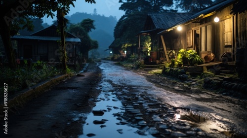 A wet cobblestone road leading through a village at night, lit by streetlights.