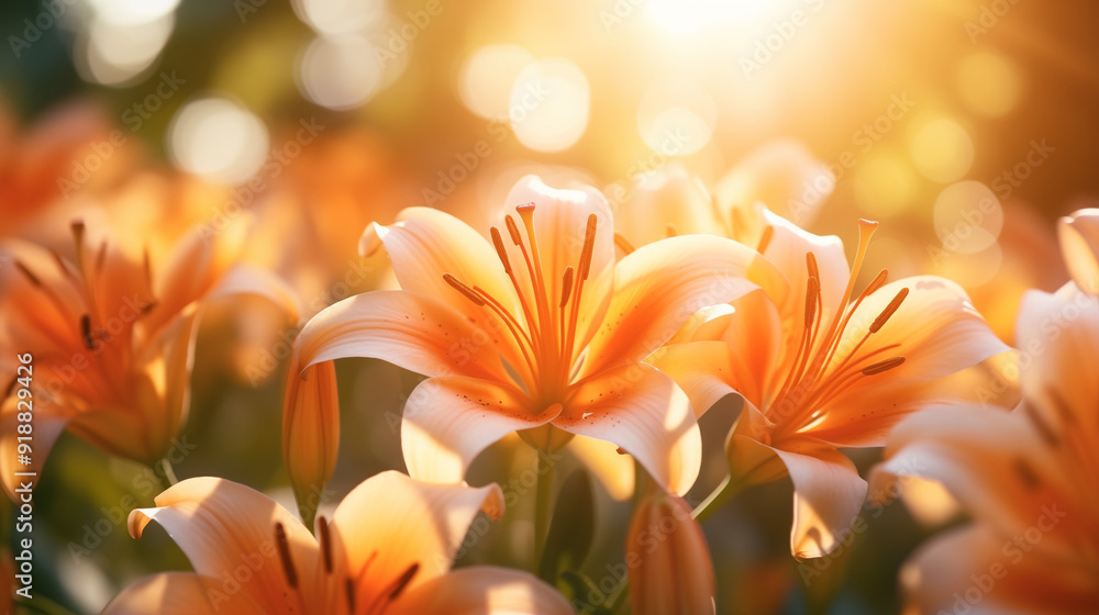 Fototapeta premium Vibrant orange lilies flourish in a sunlit garden, showcasing their petals as the warm light enhances their beauty, out of focus