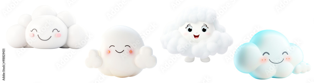 A collection of four cute cartoon clouds with smiling faces and different playful expressions, showcasing fluffy, white designs with pastel shades. A collection of four cute cartoon clouds with smiling faces and different playful expressions, showcasing fluffy, white designs with pastel shades.