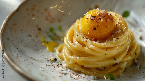 Delicious spaghetti alla carbonara a traditional roman recipe of pasta topped with egg pecorino and black pepper sauce italian food : Generative AI photo