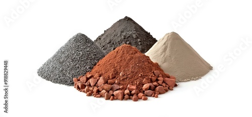 Four piles of different construction materials on a white background. The materials include gravel, sand, clay, and cement.