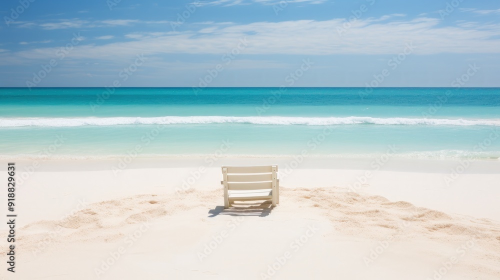 A white wooden chair sits on a pristine white sand beach with a turquoise ocean in the background. A white wooden chair sits on a pristine white sand beach with a turquoise ocean in the background.