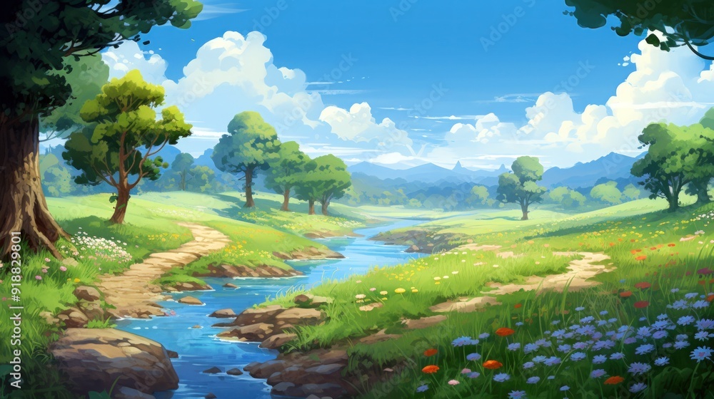 A winding path leads through a lush green meadow with a babbling brook, surrounded by trees and mountains in the distance under a clear blue sky with puffy clouds. A winding path leads through a lush green meadow with a babbling brook, surrounded by trees and mountains in the distance under a clear blue sky with puffy clouds.