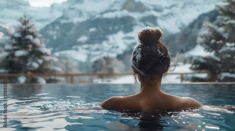 Rear view of tourist swimming in hot pool during winter Woman in swimwear looking at snowcapped mountains She is relaxing in luxurious hotel : Generative AI Rear view of tourist swimming in hot pool during winter Woman in swimwear looking at snowcapped mountains She is relaxing in luxurious hotel : Generative AI