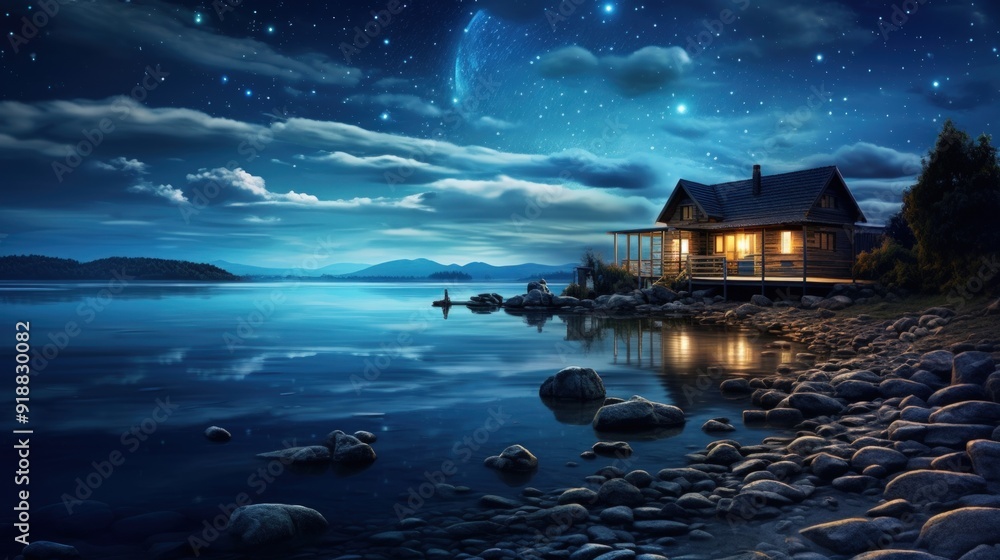 Fototapeta premium A wooden cabin sits on a rocky lakeshore under a starry night sky with a full moon.