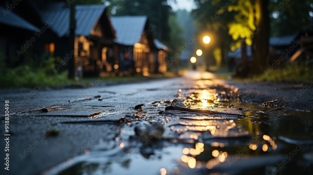 Fototapeta premium Close-up view of a puddle reflecting warm light from streetlamps in the distance, with out-of-focus wooden buildings and green trees on a dark and foggy night.