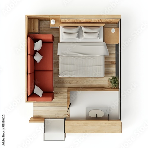 Top down view, 3D Render of a guest room with a low platform bed, floor plan, on isolated white background photo