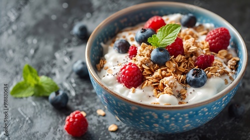 Healthy protein Cottage cheese breakfast bowl with granola blueberry and raspberry : Generative AI