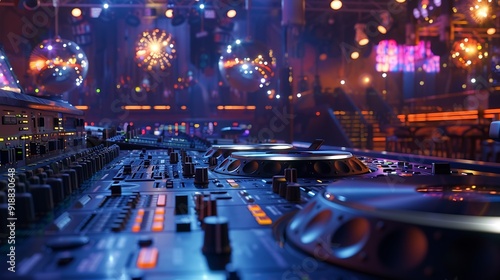 Empty DJ mixing panel at funky club spotlights and disco ball at the bar used for dancing and clubbing Dance floor at discotheque with audio equipment station used for partying nightli : Generative AI photo