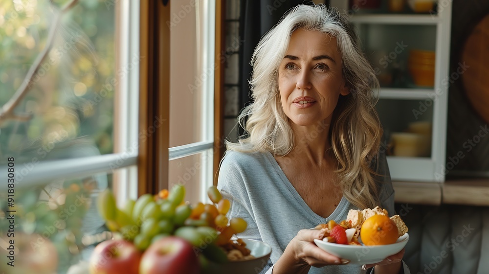 Shot of beautiful mature woman eating cereals and fruits while standing next to the window at home : Generative AI