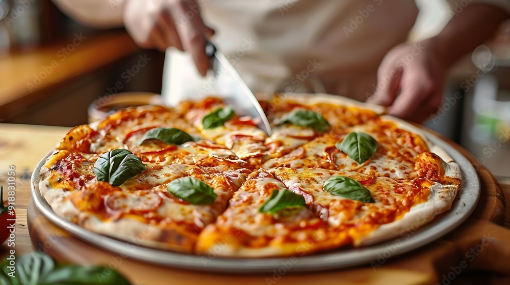 Crop anonymous person cutting pizza into slices served in plate with knife on wooden table while spending leisure time in restaurant : Generative AI