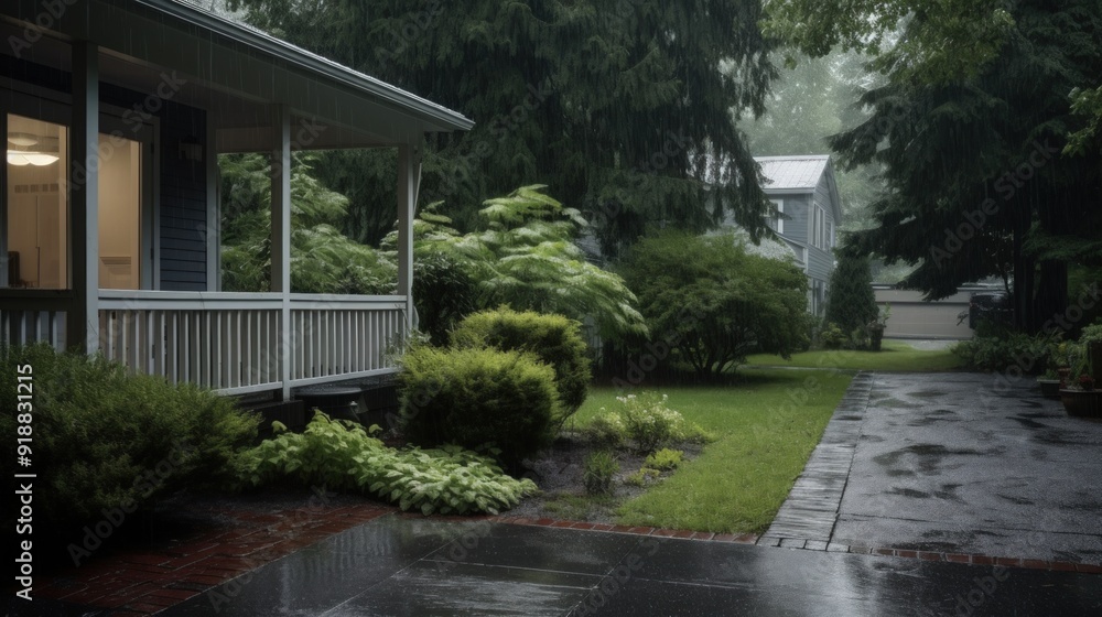 Rain falling on a porch with a brick pathway and green foliage. Rain falling on a porch with a brick pathway and green foliage.