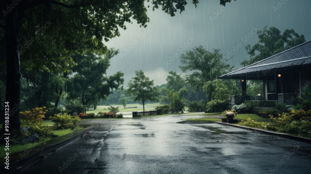 Rain falling on a paved road in front of a house. Rain falling on a paved road in front of a house.