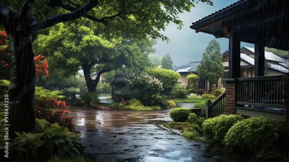 Rain falling on a street with a house and trees. Rain falling on a street with a house and trees.
