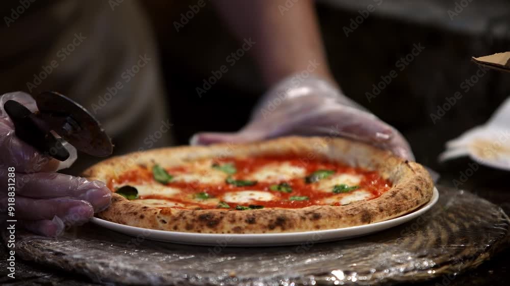A chef expertly cuts a hot pizza on a metal tray in a professional kitchen. The knife slices through the mozzarella topped creation, making it ready to serve. A chef expertly cuts a hot pizza on a metal tray in a professional kitchen. The knife slices through the mozzarella topped creation, making it ready to serve.