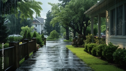 Rainy day view of a sidewalk between two houses with lush green landscaping.