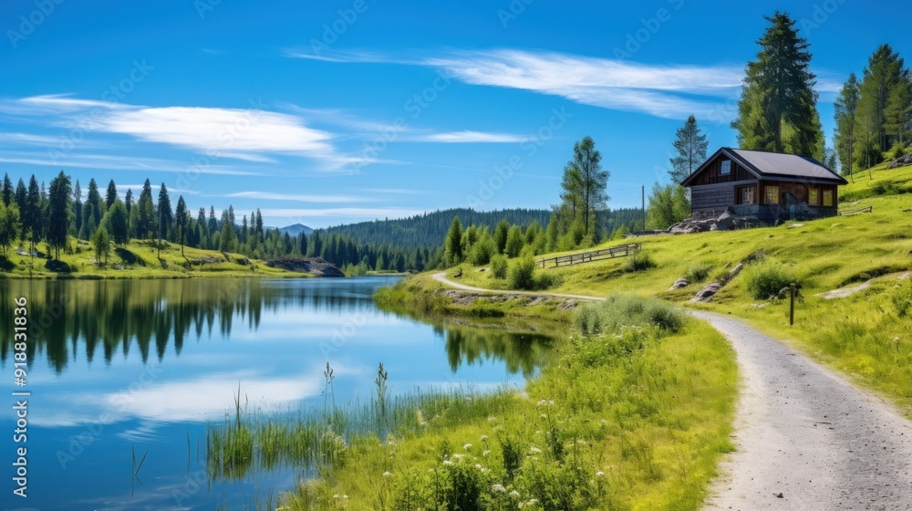 Tranquil summer scene with a wooden cabin by a lake, green hills, and a winding dirt road. Tranquil summer scene with a wooden cabin by a lake, green hills, and a winding dirt road.