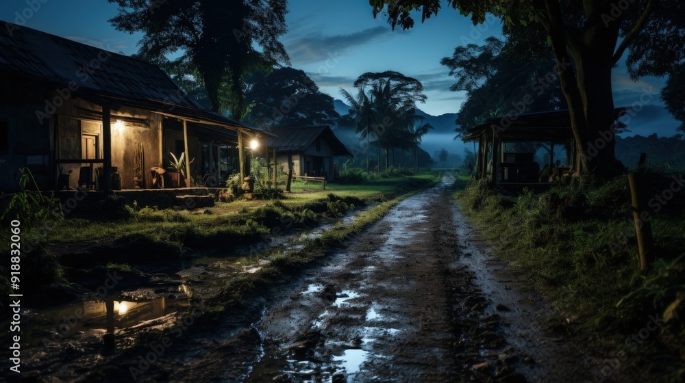 Two rustic huts with lit windows and a muddy path through the jungle at dusk. Two rustic huts with lit windows and a muddy path through the jungle at dusk.