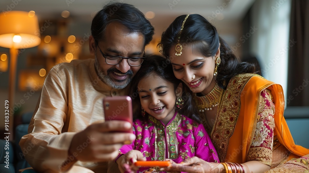 Cheerful Indian family having fun while using smartphone at home : Generative AI Cheerful Indian family having fun while using smartphone at home : Generative AI
