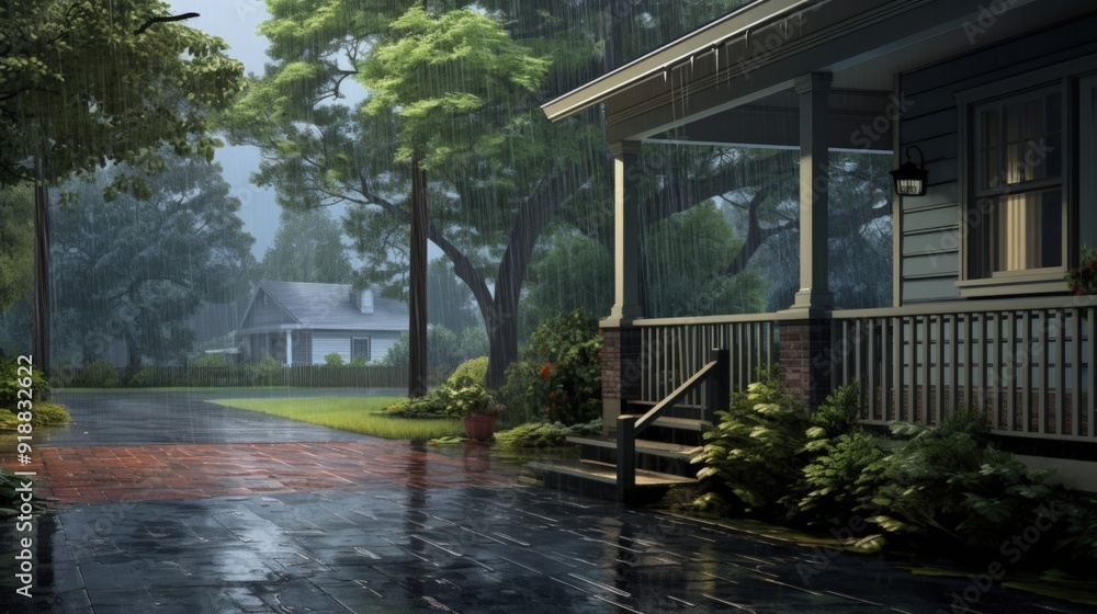 Fototapeta premium Wet Sidewalk with a House in the Background.