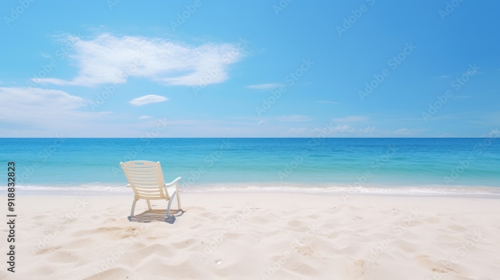 White chair on a beautiful tropical beach with a clear blue sky and ocean. White chair on a beautiful tropical beach with a clear blue sky and ocean.