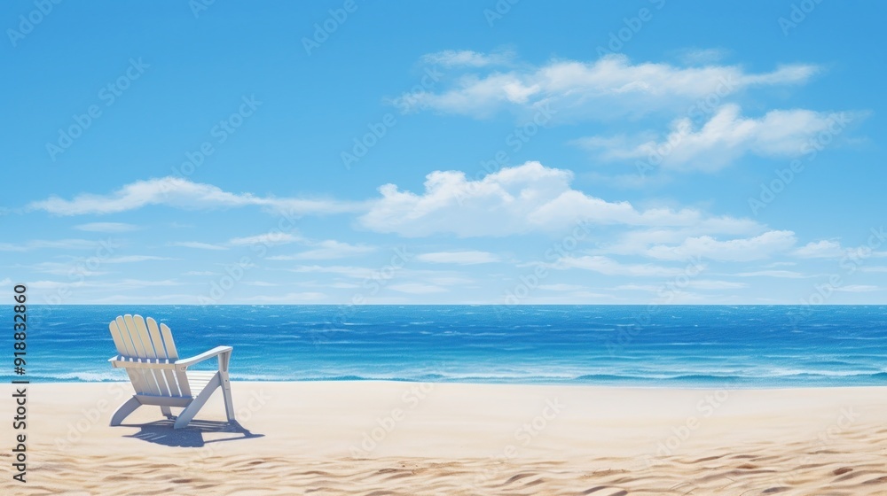 White chair on a sandy beach with blue water and blue sky. White chair on a sandy beach with blue water and blue sky.