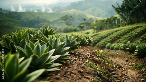 Coffee plantation bordered by succulents Orosi Valley Costa Rica : Generative AI photo