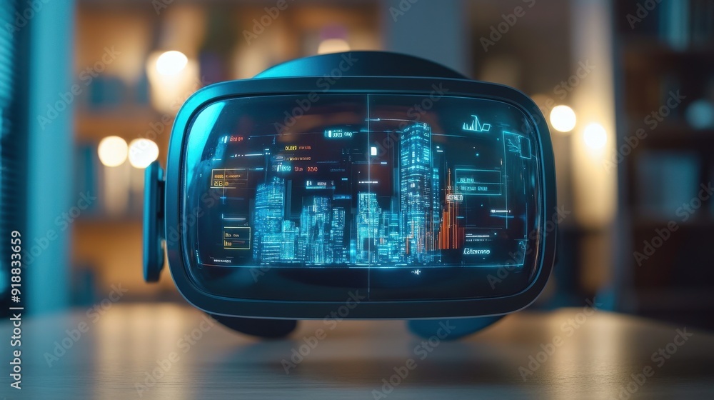 A virtual reality headset display showing a 3D holographic visualization of blockchain transactions. A virtual reality headset display showing a 3D holographic visualization of blockchain transactions.