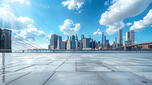 Empty square floor and bridge with city skyline under blue sky : Generative AI photo