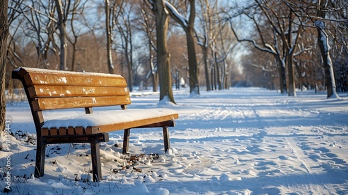 Winter landscape Empty park bench in the park of a small Canadian residential community : Generative AI