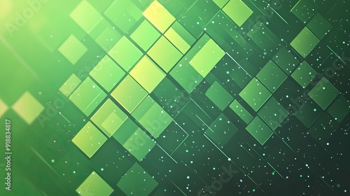 A gradient green background with abstract geometric patterns.