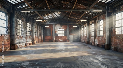 Interior view of an old rundown and abandoned factory building Big empty room with brick walls exposed beams and florescent light fixtures hanging form the ceiling : Generative AI