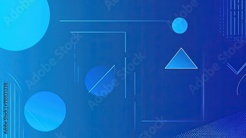 A gradient blue background with minimalist geometric shapes.