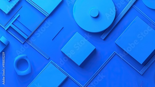 A gradient blue background with minimalist geometric shapes.