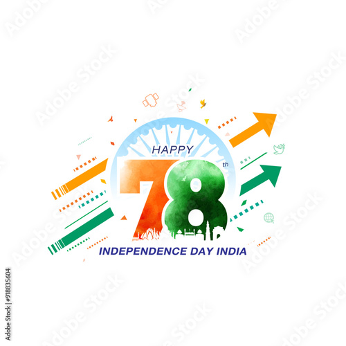 Happy 78 Independence day of India with Indian monuments skyline, red fort and tricolor arrow background.